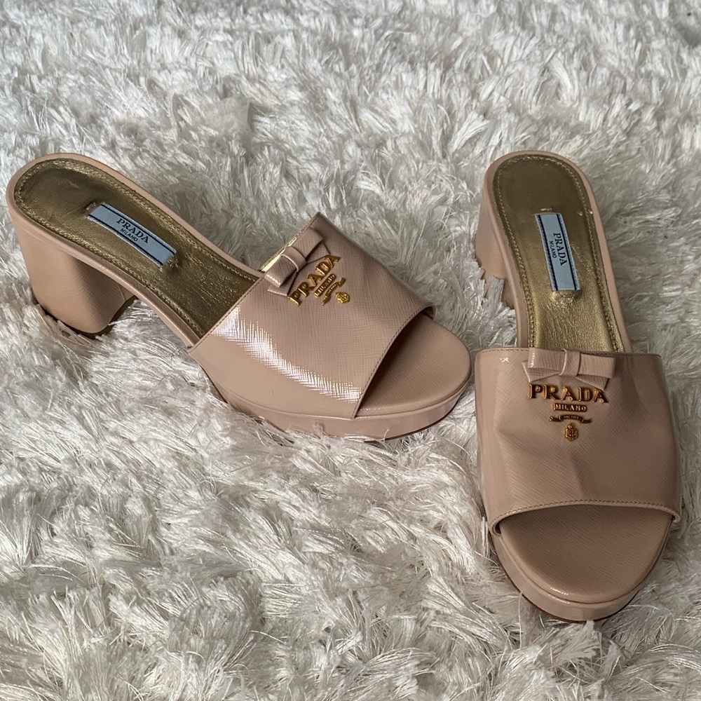 Tan authentic paten leather Prada heels